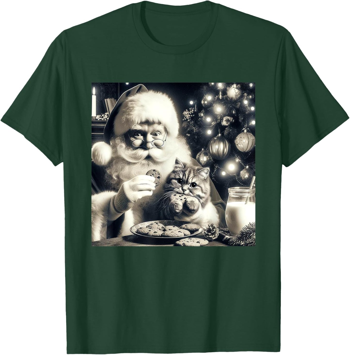 Vintage Cat Santa Photo Eating Cookies And Milk Christmas Men Women T-Shirt - T-Shirt | Forest