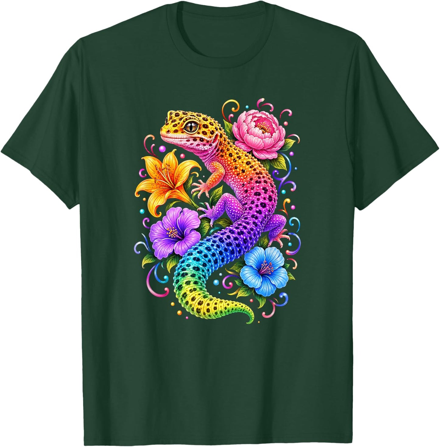 Colorful Cute Leopard Gecko Flowers Rainbow Women Girls Kids T-Shirt - T-Shirt | Forest