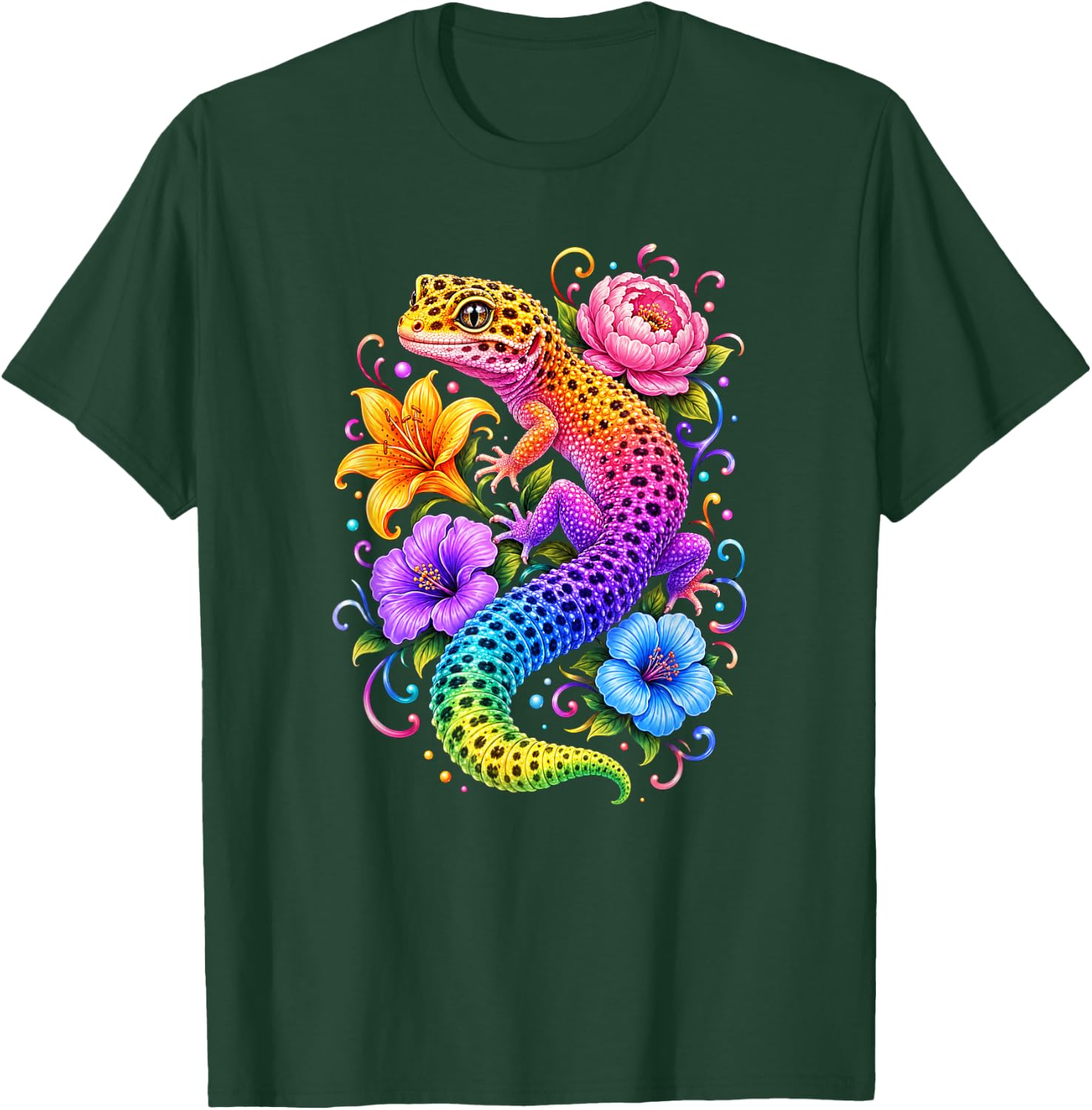 Colorful Cute Leopard Gecko Flowers Rainbow Women Girls Kids T-Shirt - T-Shirt | Forest