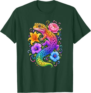Colorful Cute Leopard Gecko Flowers Rainbow Women Girls Kids T-Shirt - T-Shirt | Forest