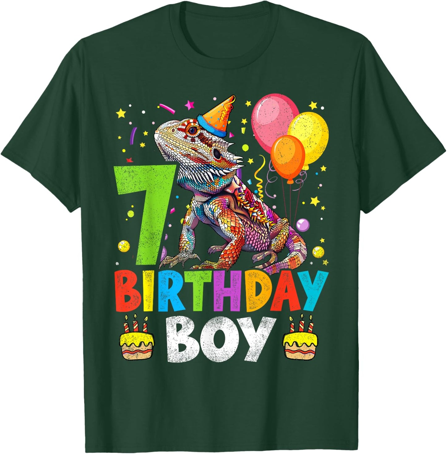7th Birthday Boy Bearded Dragon 7 Years Old Bday Party T-Shirt - T-Shirt | Forest