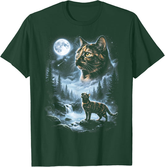 Tortoiseshell Cat Howling at Moon 90's Retro T-Shirt - T-Shirt | Forest