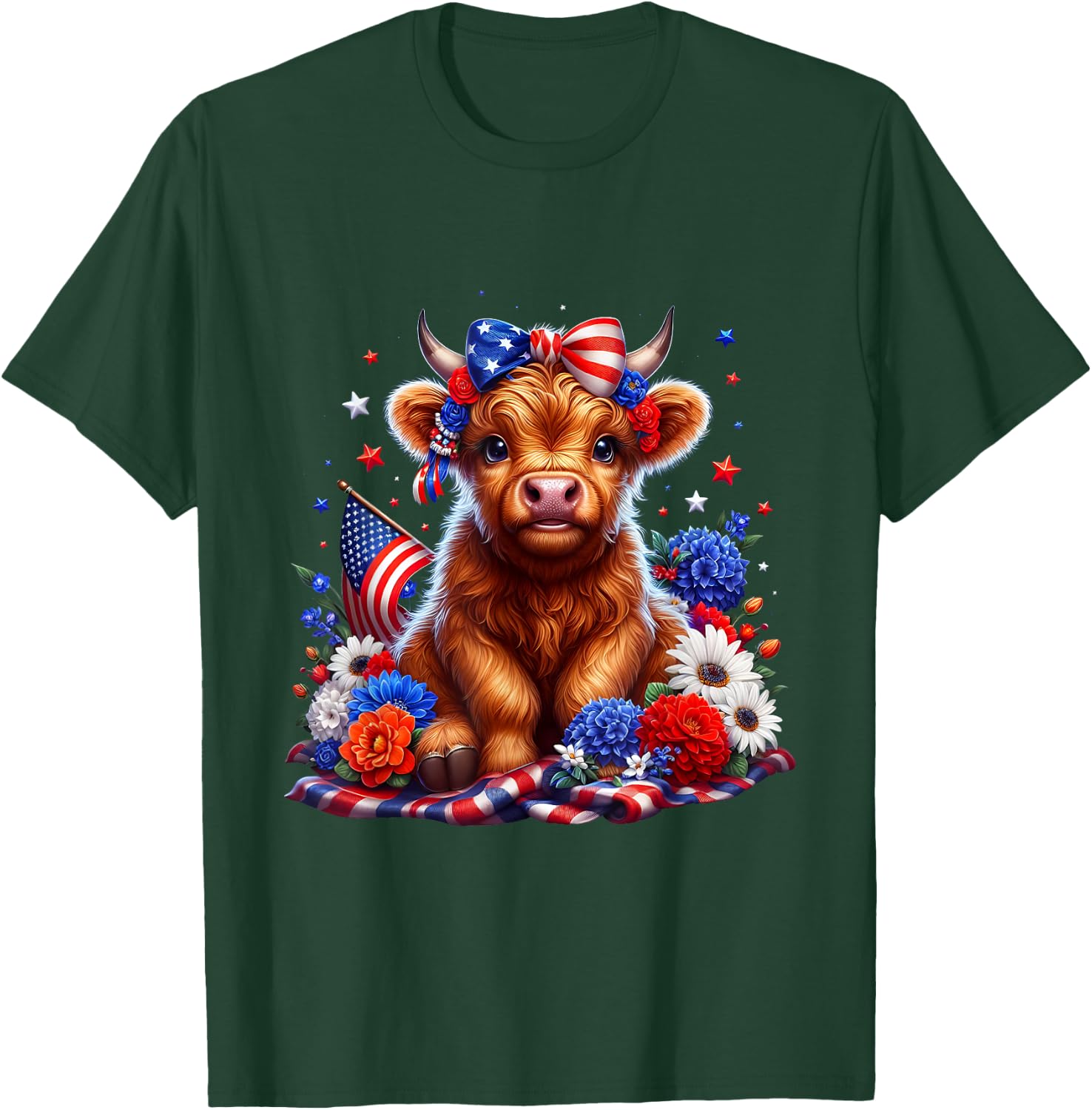 Floral Animal Vibes Patriotic Highland Cow USA 4th of July T-Shirt - T-Shirt | Forest