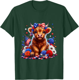 Floral Animal Vibes Patriotic Highland Cow USA 4th of July T-Shirt - T-Shirt | Forest