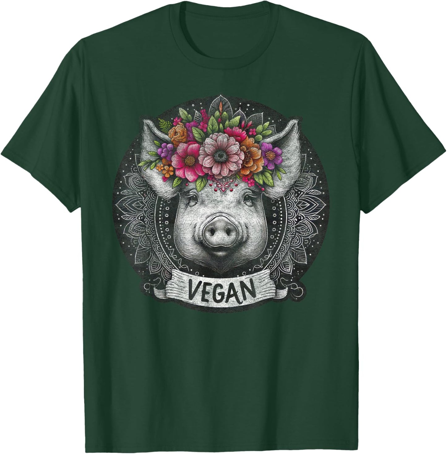 Pig with Flowers Vegan Retro – Boho Hippie Cute T-Shirt - T-Shirt | Forest