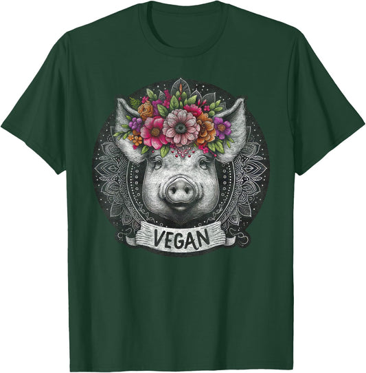 Pig with Flowers Vegan Retro – Boho Hippie Cute T-Shirt - T-Shirt | Forest