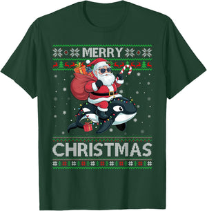 Ugly Xmas Sweater Style Santa Riding Orca Christmas T-Shirt - T-Shirt | Forest
