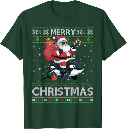 Ugly Xmas Sweater Style Santa Riding Orca Christmas T-Shirt - T-Shirt | Forest