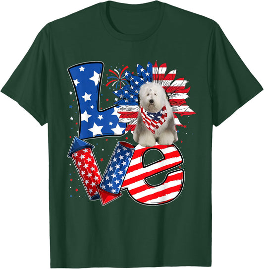 4th of July Decor Patriotic LOVE Old English Sheepdog Dog T-Shirt - T-Shirt | Forest