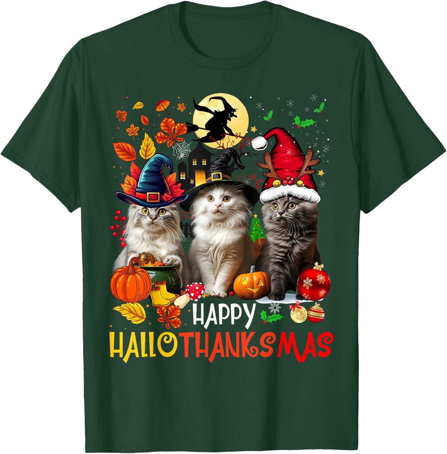 Halloween Thanksgiving Christmas Happy HalloThanksMas Cats T-Shirt - T-Shirt | Forest
