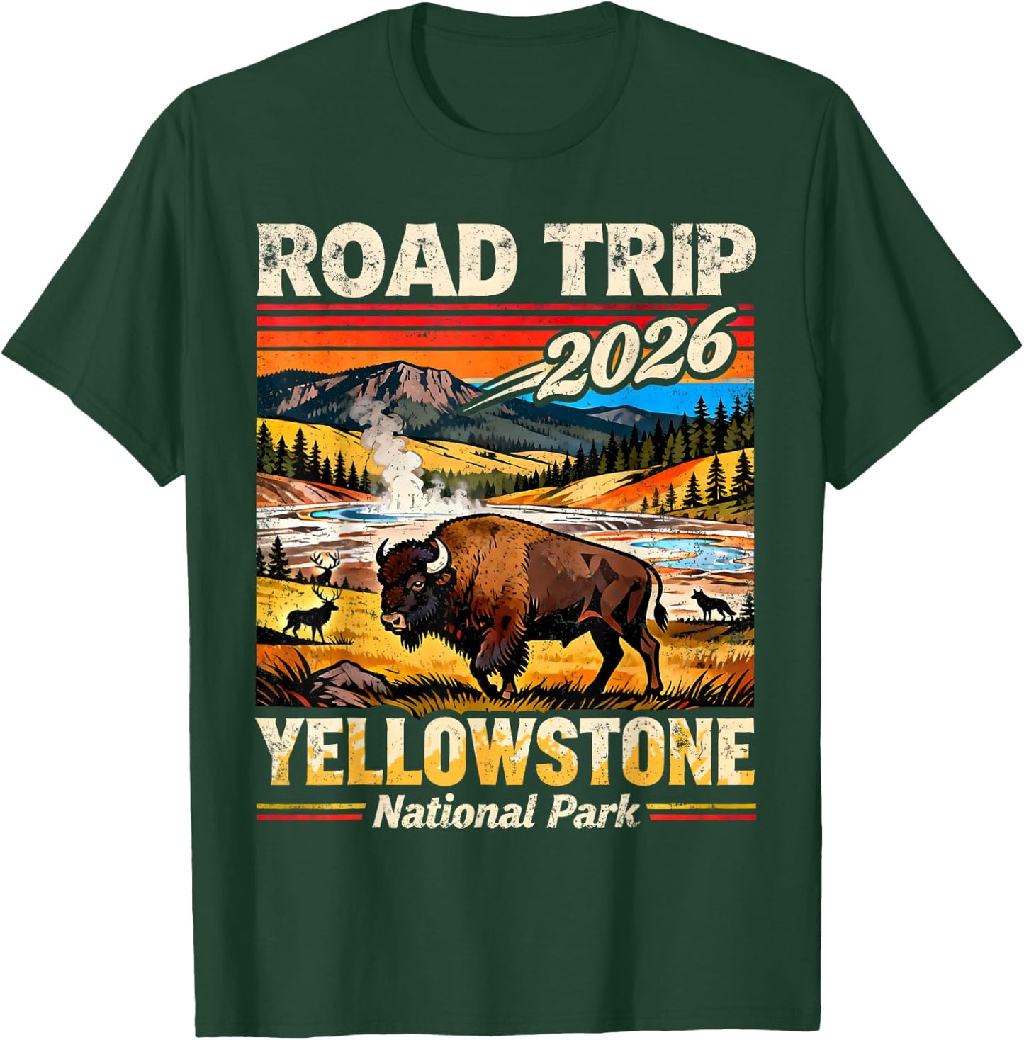 Retro Road Trip 2026 Yellowstone National Park Vacation T-Shirt - T-Shirt | Forest