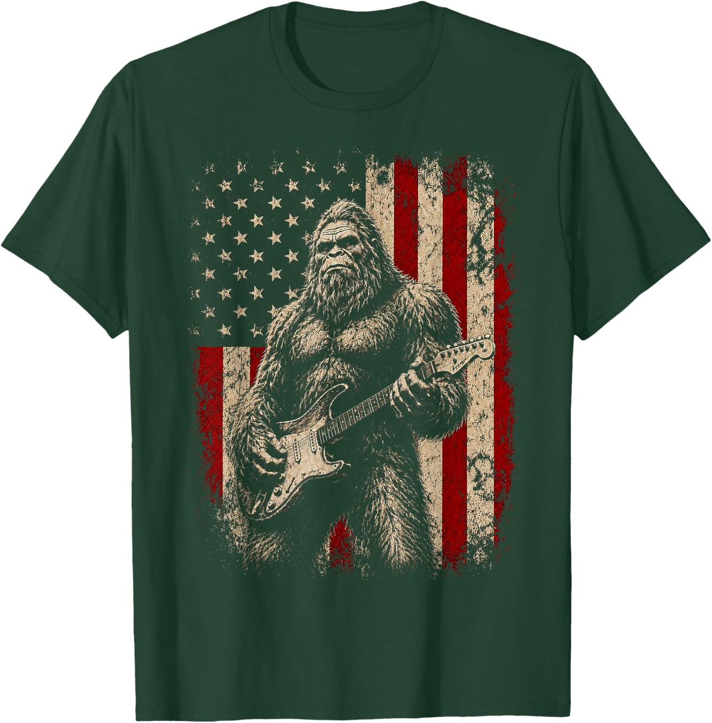 Bigfoot Sasquatch Playing Guitar 4th July American USA Flag T-Shirt - T-Shirt | Forest