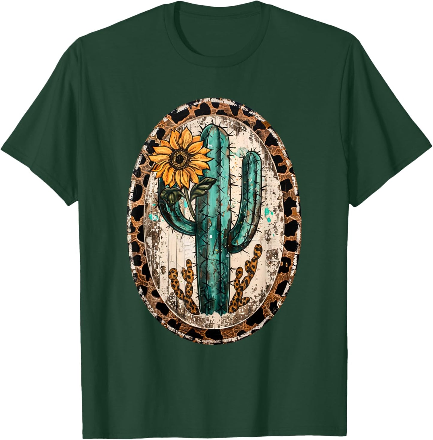 Vintage Western Turquoise Teal Cactus Sunflower Leopard T-Shirt - T-Shirt | Forest