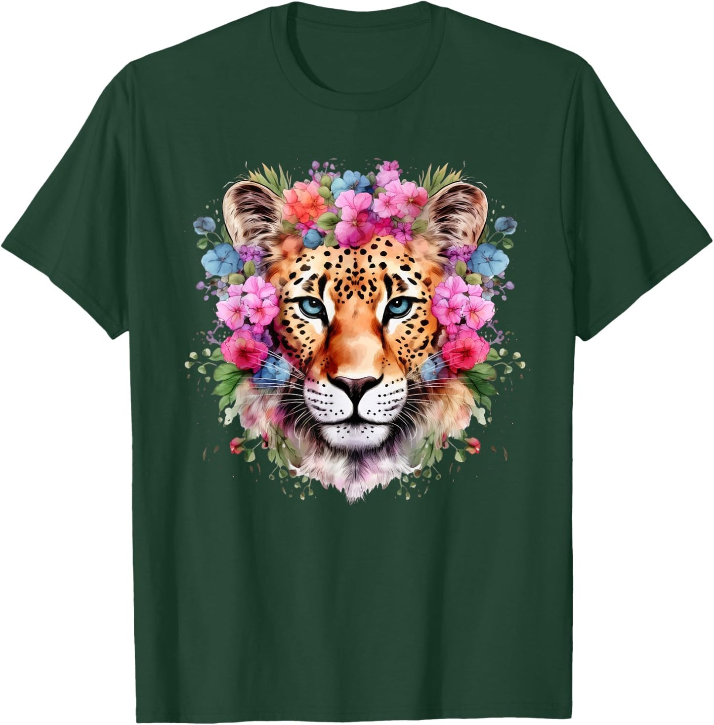 Leopard with Flowers Colorful Floral Leopards Animal Lovers T-Shirt - T-Shirt | Forest