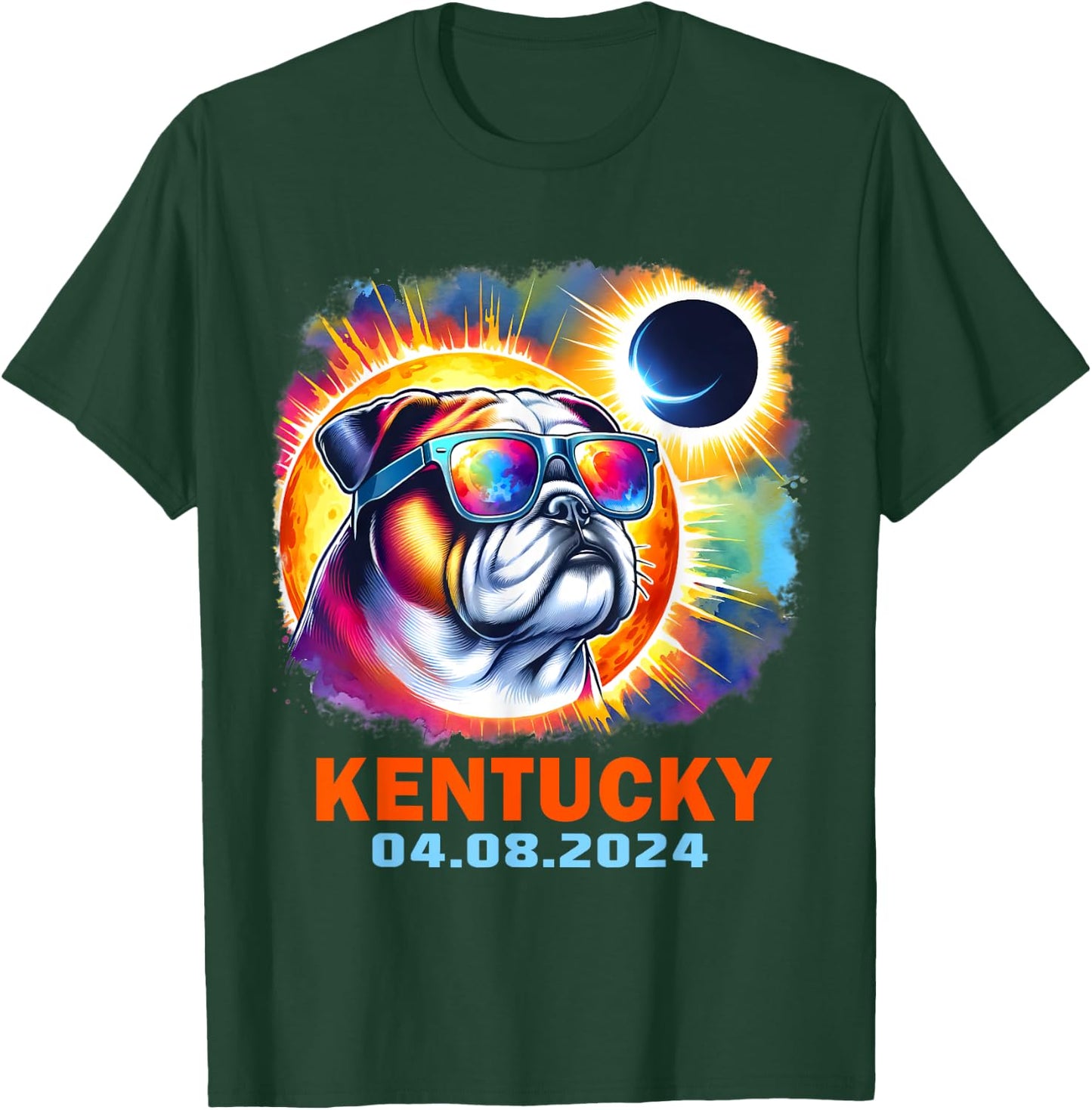 Colorful Bulldog Total Solar Eclipse 2024 Kentucky Men Women Kids T-Shirt - T-Shirt | Forest