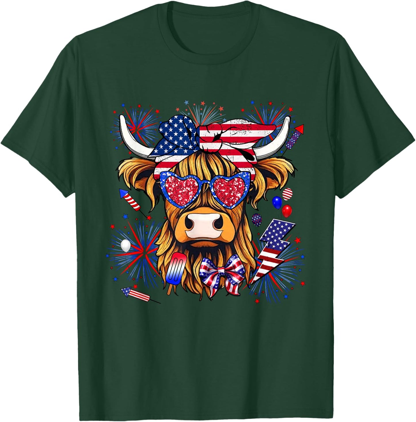 Cow, Scottish Highland Cow, Highland Cow, 4th of July T-Shirt - T-Shirt | Forest