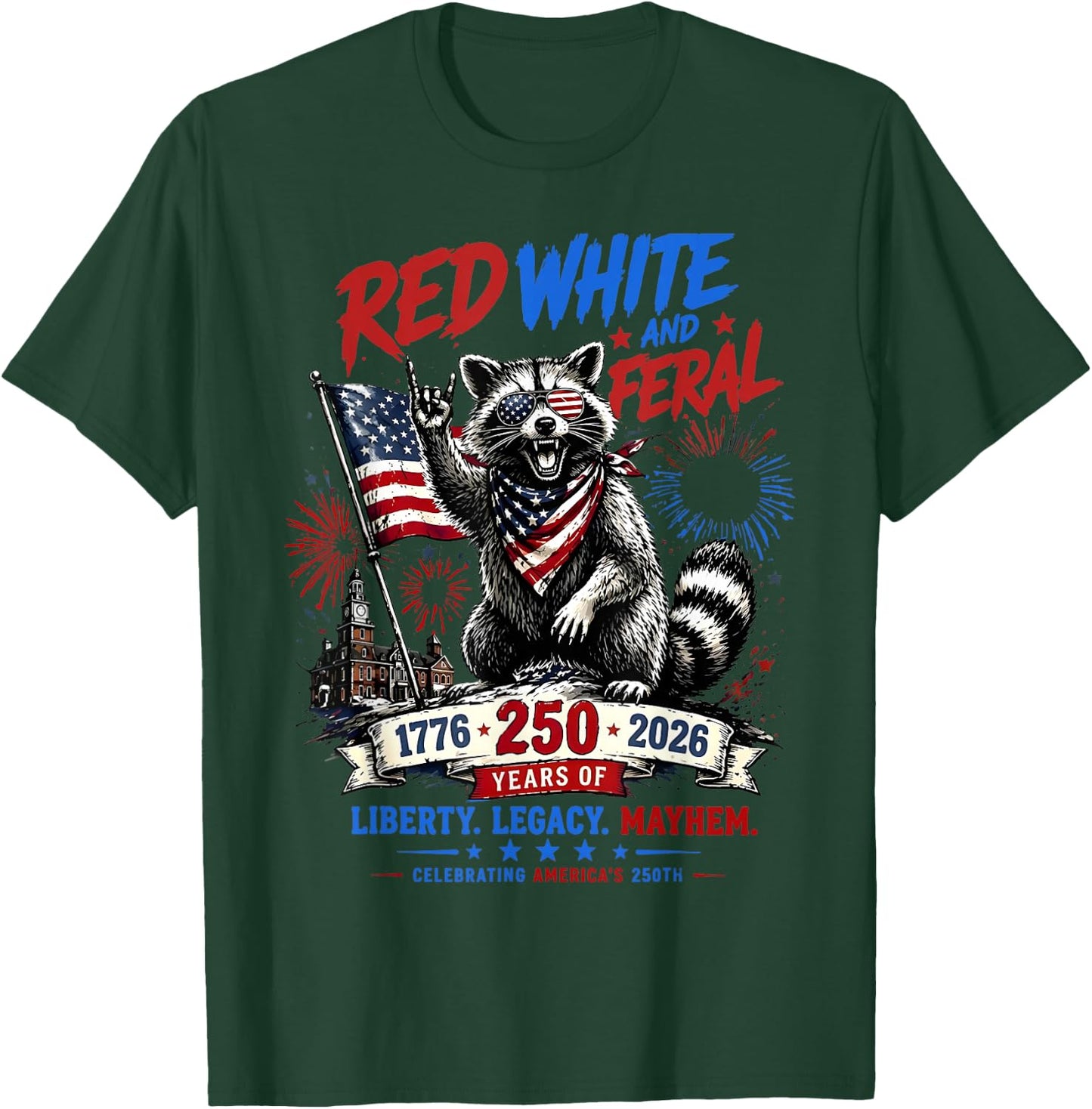 Red White Feral Raccoon America 250th Patriotic Men Women T-Shirt - T-Shirt | Forest