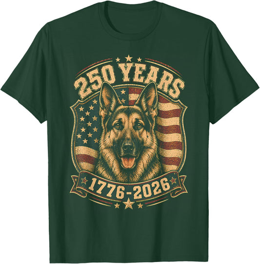 250th Anniversary USA 2026 American Flag German Shepherd T-Shirt - T-Shirt | Forest
