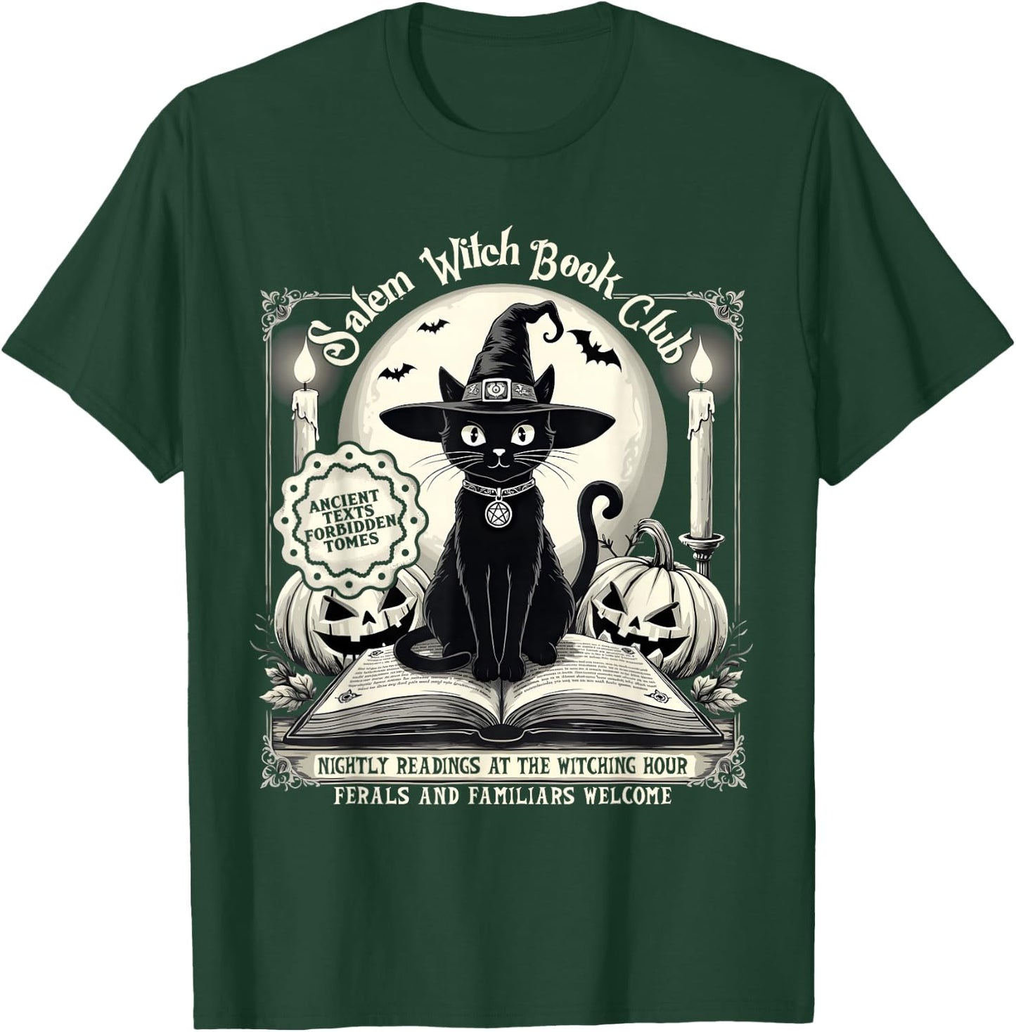 Salem Witch Book Club Vintage Halloween Cat Noir Book Lover T-Shirt - T-Shirt | Forest