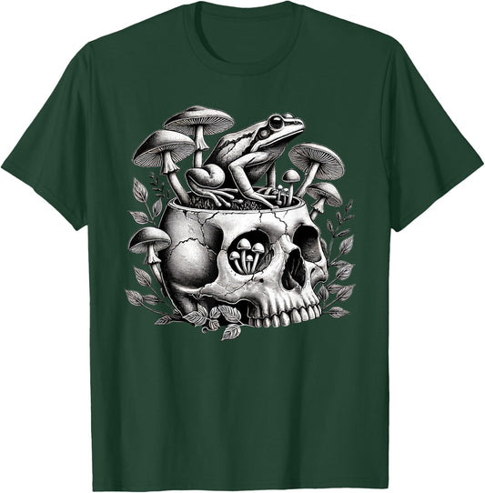 Vintage Cottagecore Aesthetic Frog Mushroom Skull T-Shirt - T-Shirt | Forest