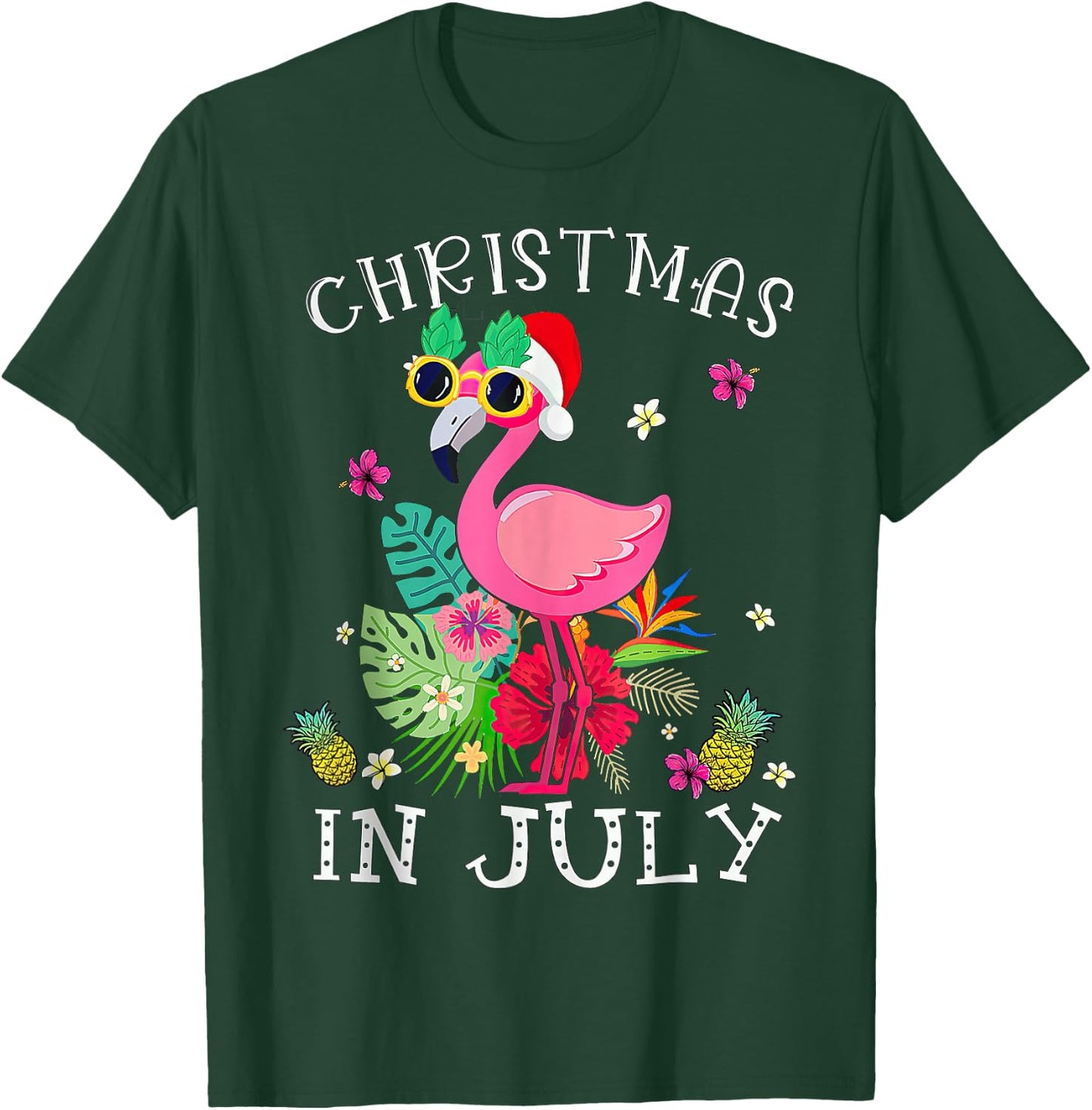 Christmas in July Pink Flamingo Hawaii T-Shirt - T-Shirt | Forest