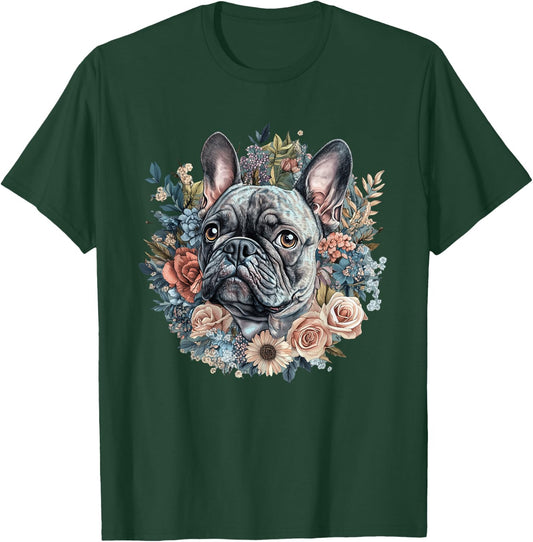 Cute French Bulldog Floral Flowers Dog Lover Gift Women Girl T-Shirt - T-Shirt | Forest