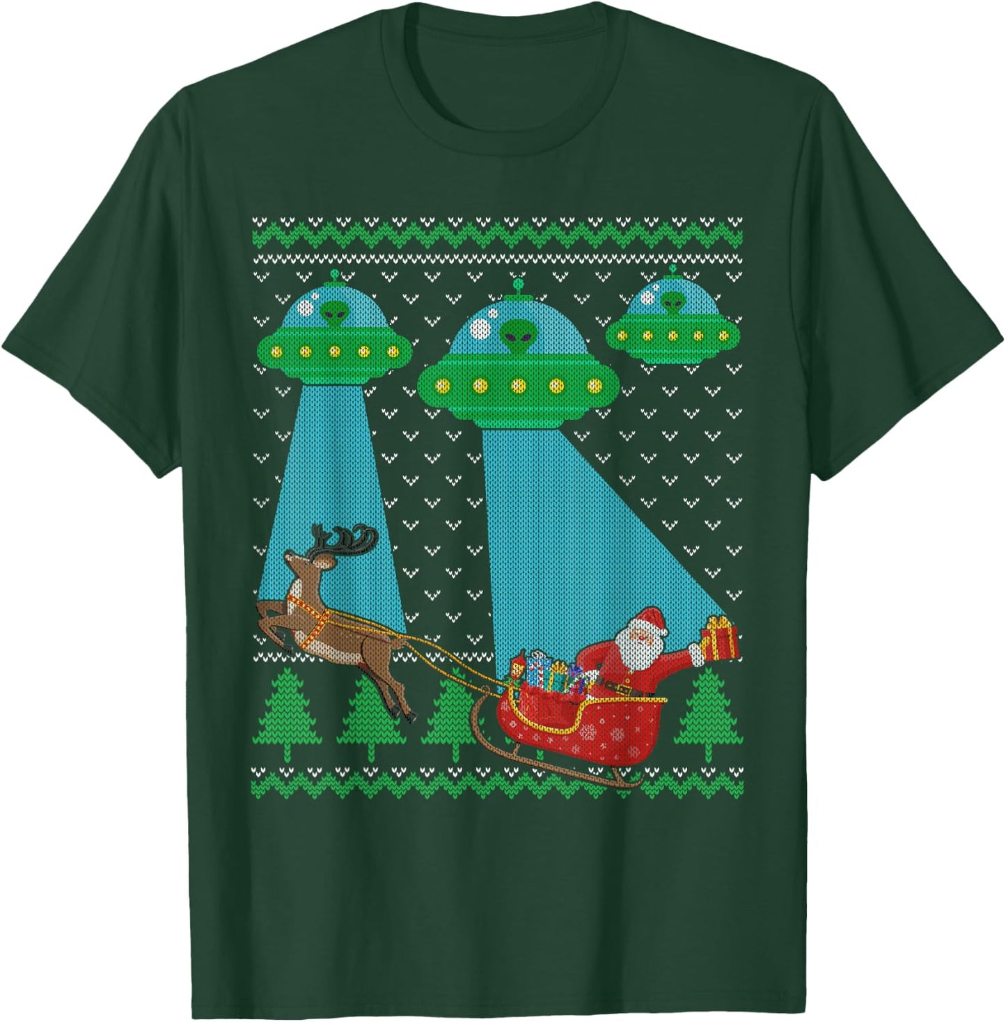 Funny Alien UFO Santa Sleigh Ugly Christmas Sweater Xmas PJS T-Shirt - T-Shirt | Forest