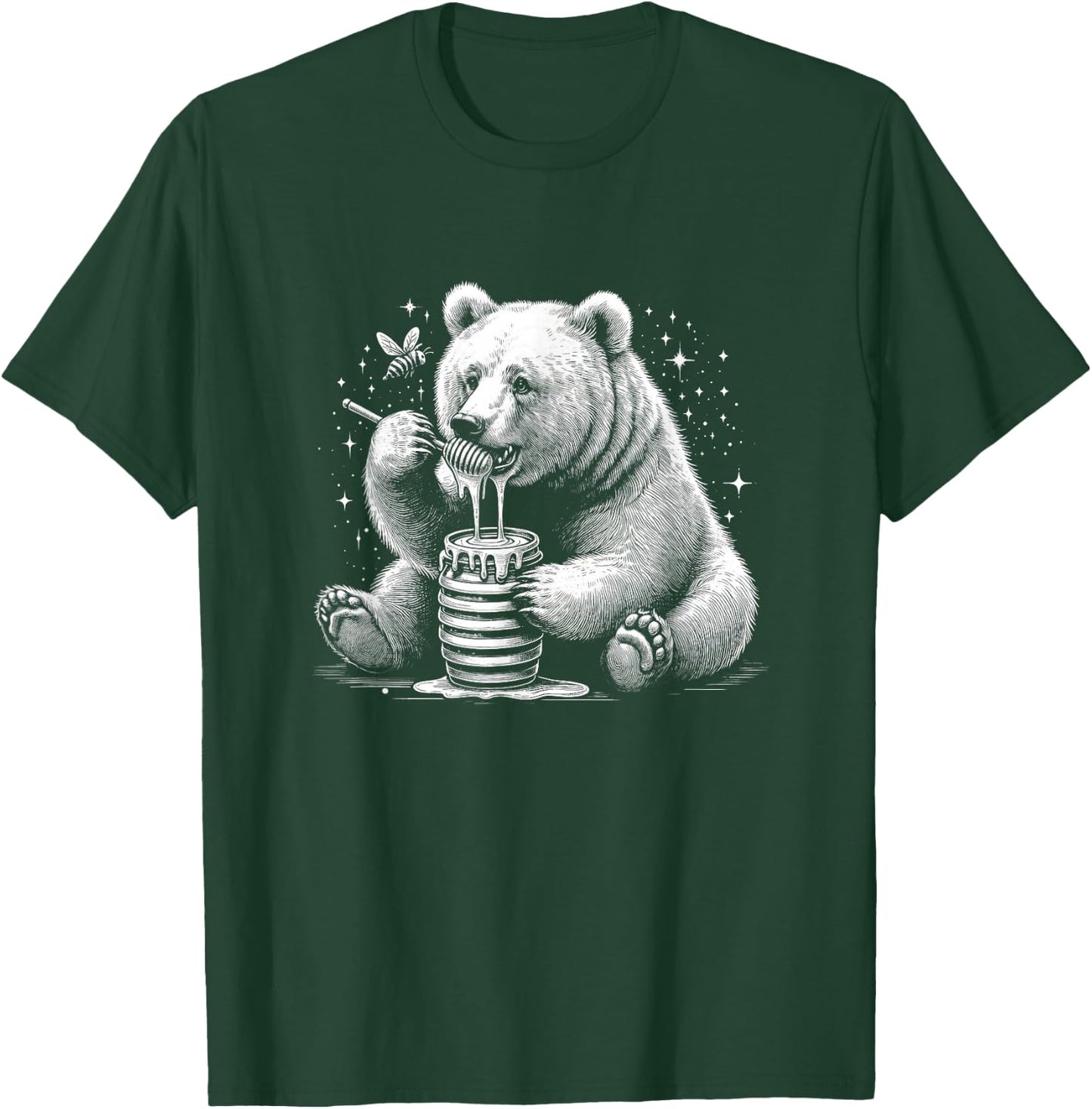 Cute Bear Eating Honey With Bee Graphic Art Design T-Shirt - T-Shirt | Forest