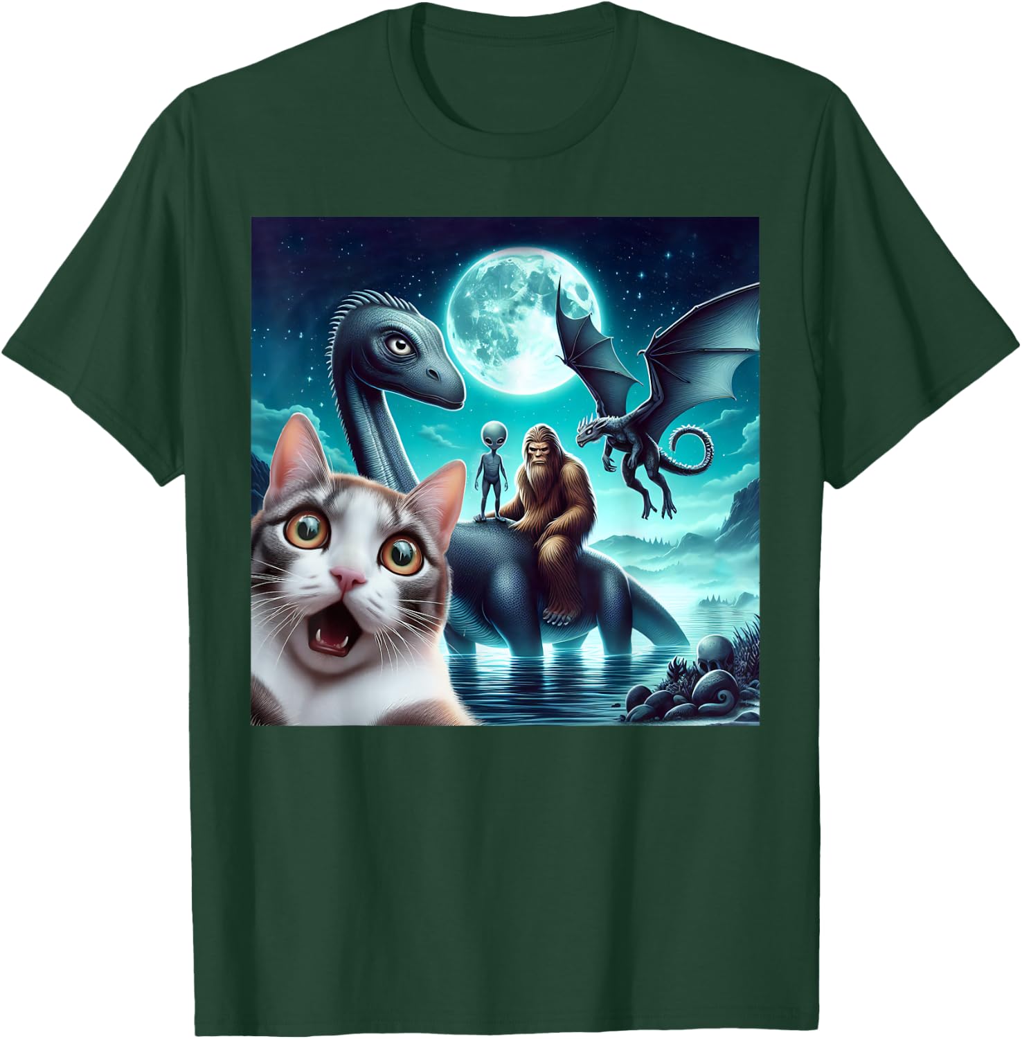 Cat Selfie with bigfoot alien UFO loch Ness monster dragon T-Shirt - T-Shirt | Forest