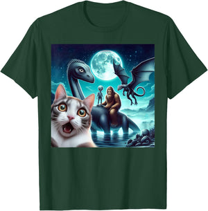 Cat Selfie with bigfoot alien UFO loch Ness monster dragon T-Shirt - T-Shirt | Forest