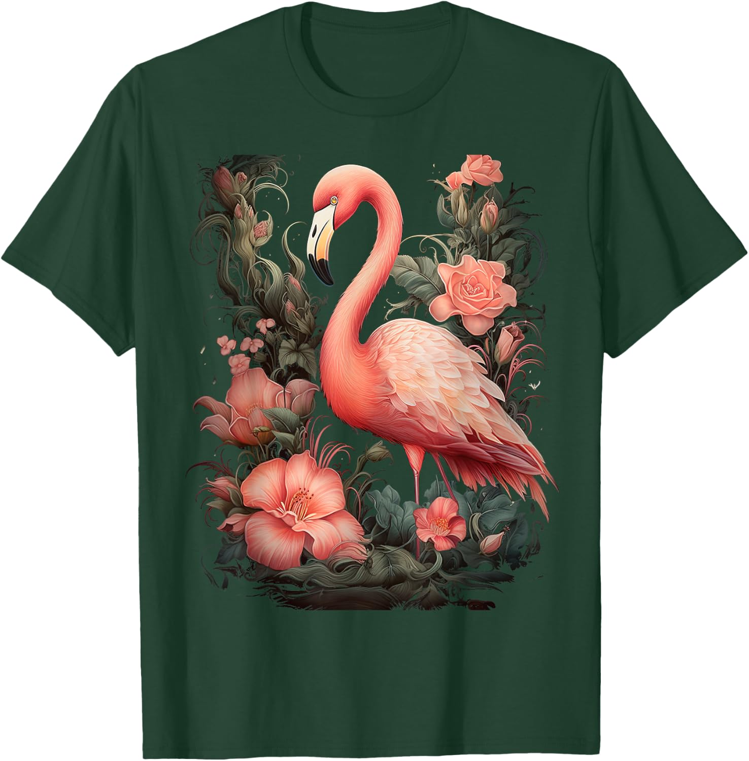 Flamingo and Flowers Floral Flamingos pink T-Shirt - T-Shirt | Forest