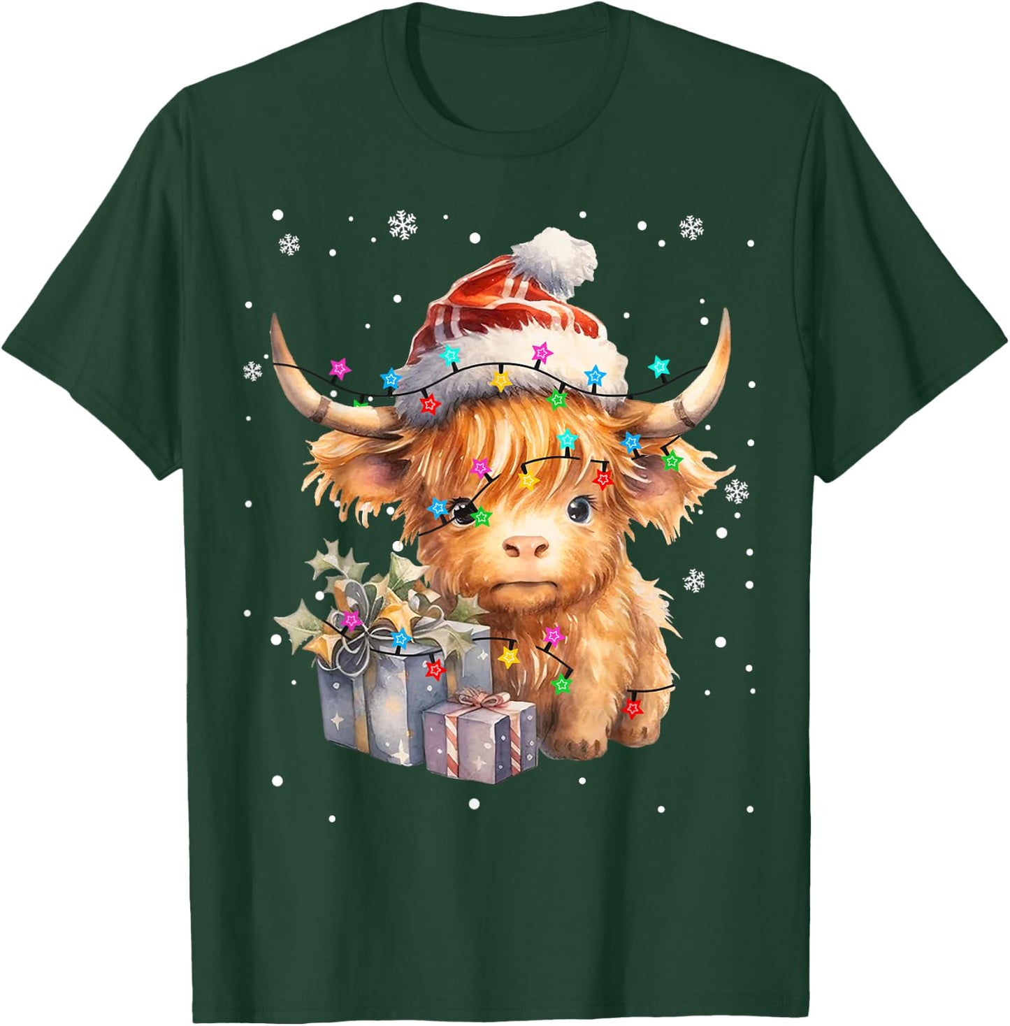 Cute Highland Cow Christmas Lights Merry Xmas Cows Farmer PJ T-Shirt - T-Shirt | Forest