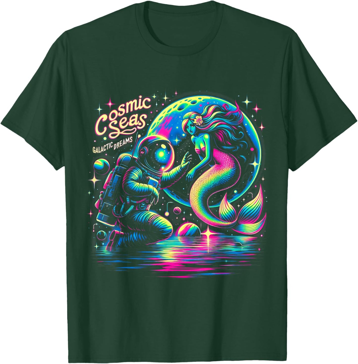 Cosmic Encounter - Astronaut Meets Space Mermaid Psychedelic T-Shirt - T-Shirt | Forest