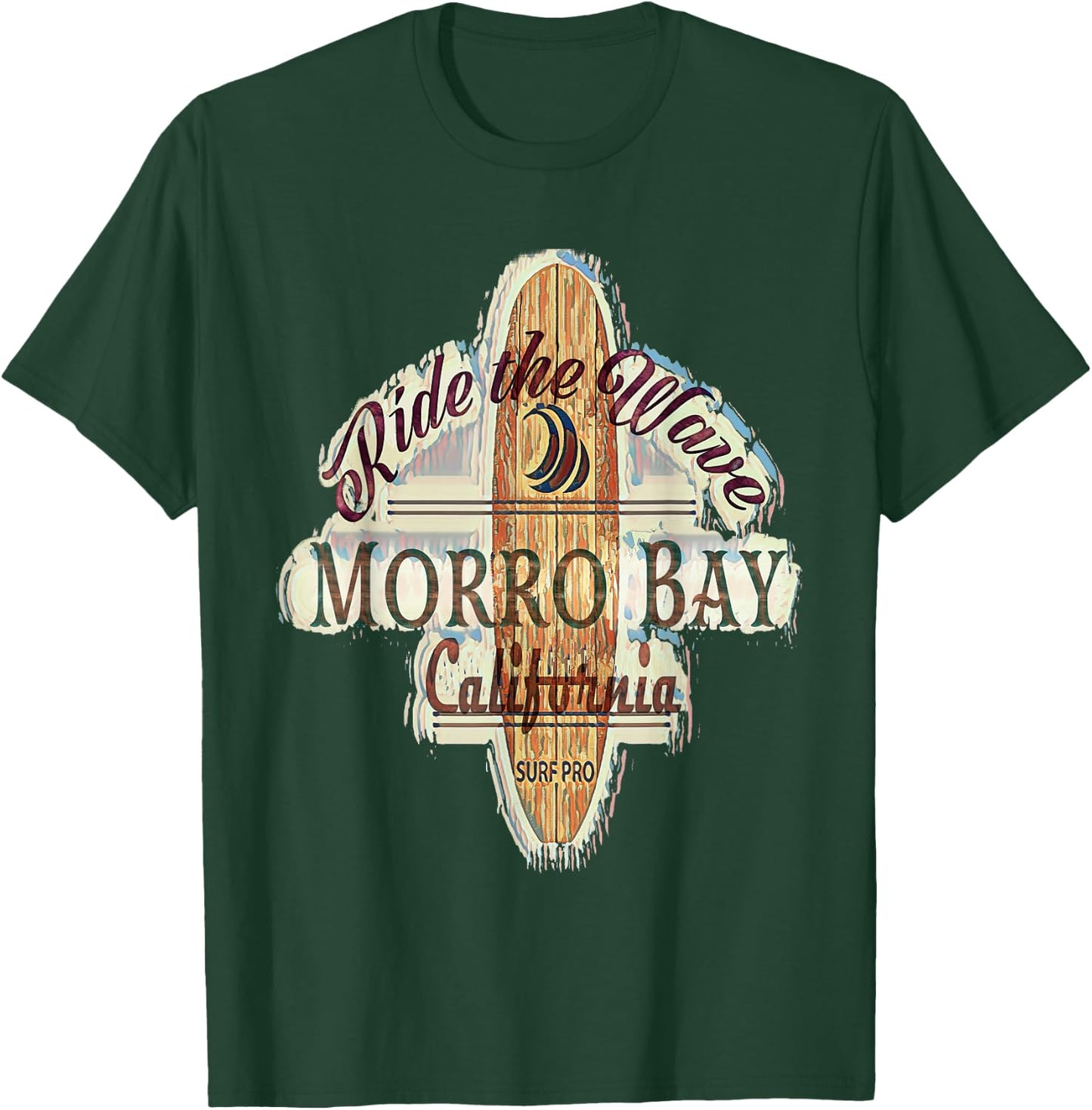 Surfing, Surfboard, Distressed Longboard Morrow Bay T-Shirt - T-Shirt | Forest