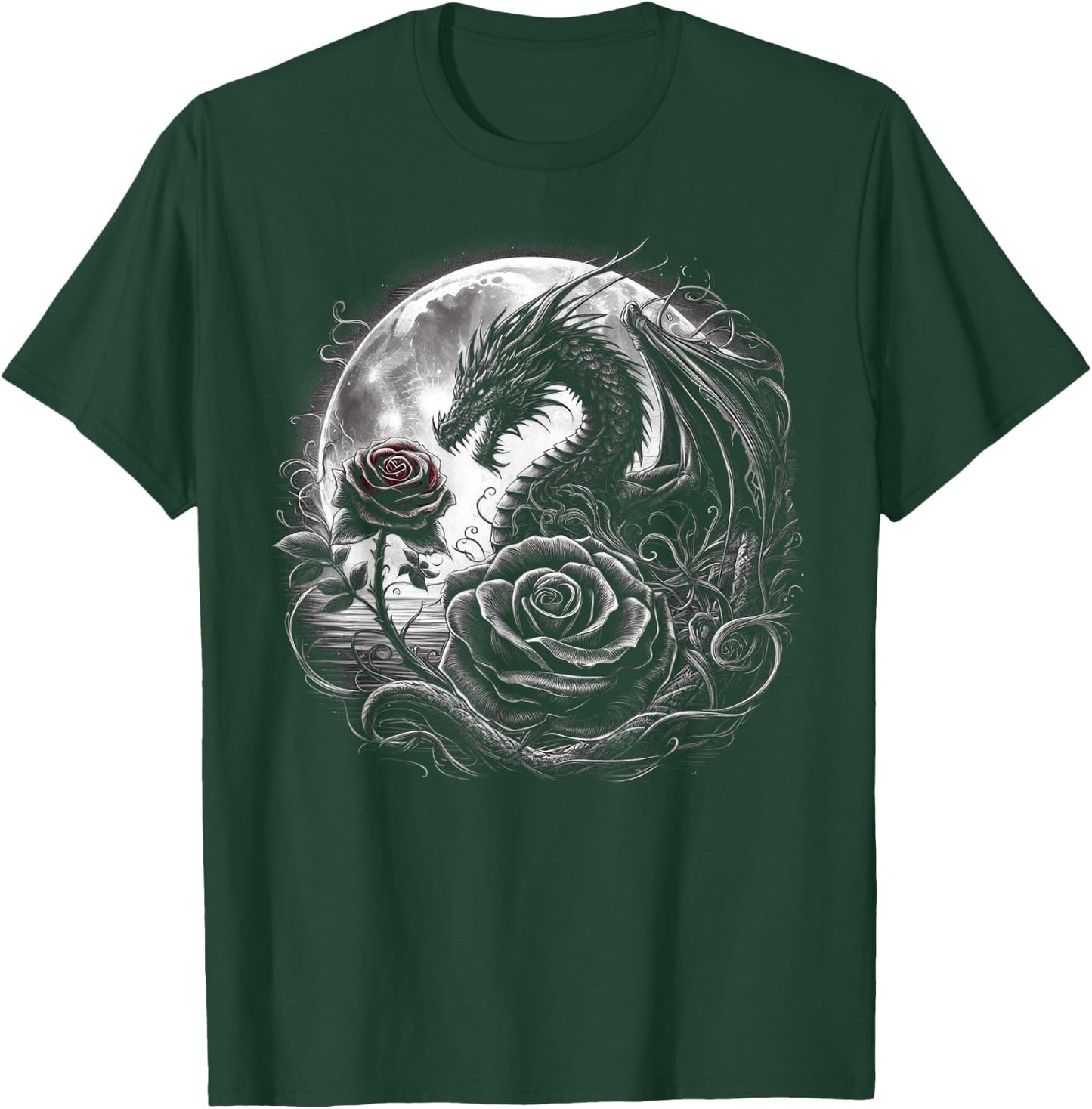Dragon With Roses And Full Moon Dark Art T-Shirt - T-Shirt | Forest