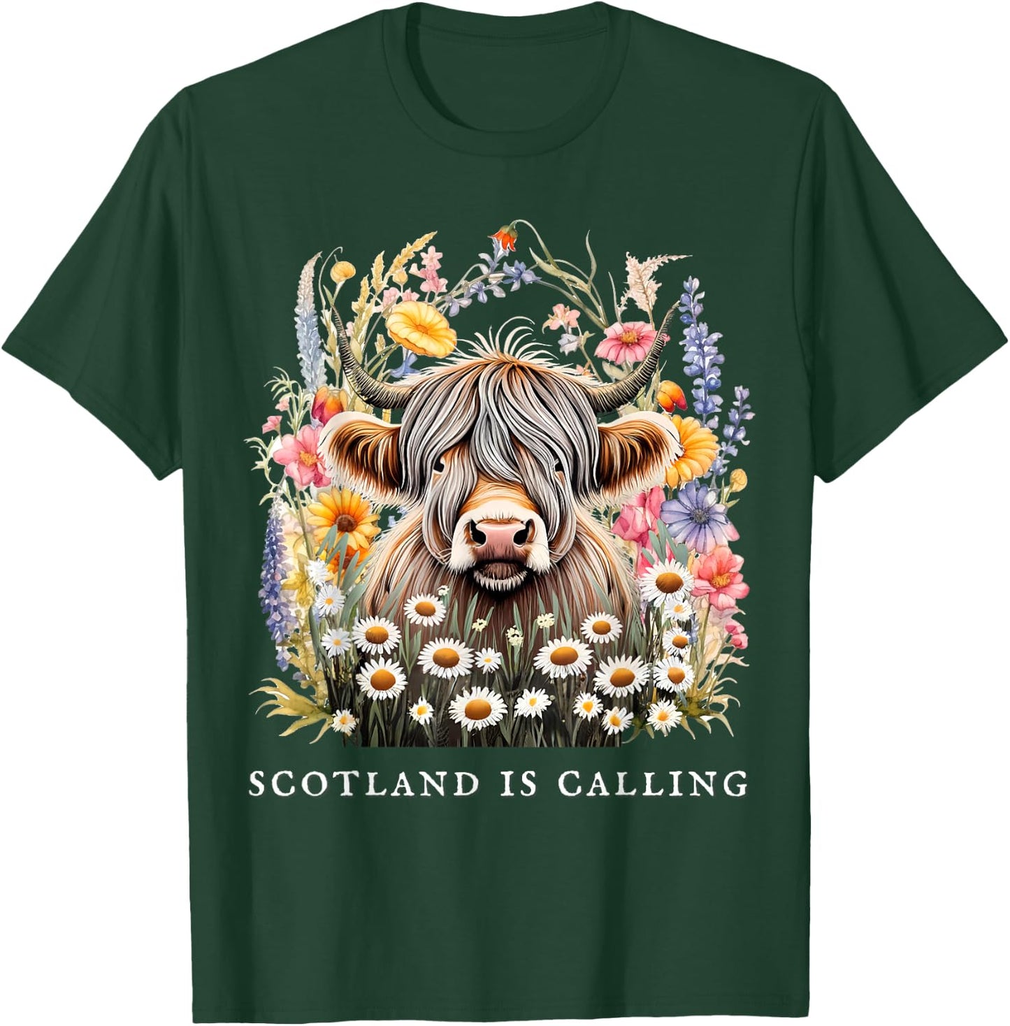 Scotland Is Calling Highland Cow flowers Scottish Vacation T-Shirt - T-Shirt | Forest