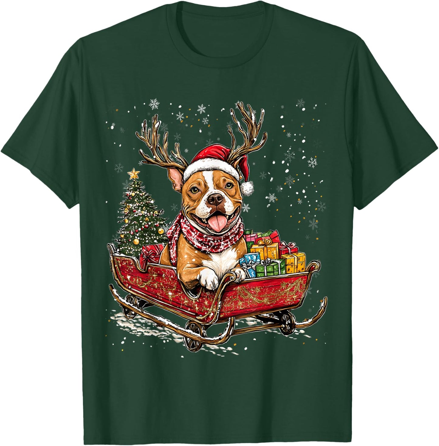 Santa Pitbull reindeer Light Christmas T-Shirt - T-Shirt | Forest