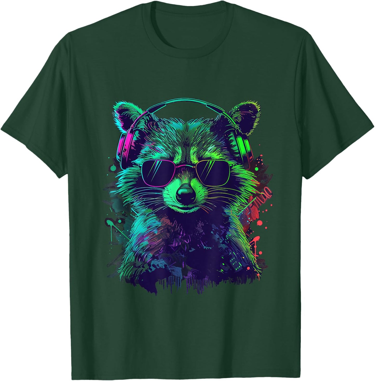 green racoon DJ With Headphones And Sunglasses raccoons T-Shirt - T-Shirt | Forest