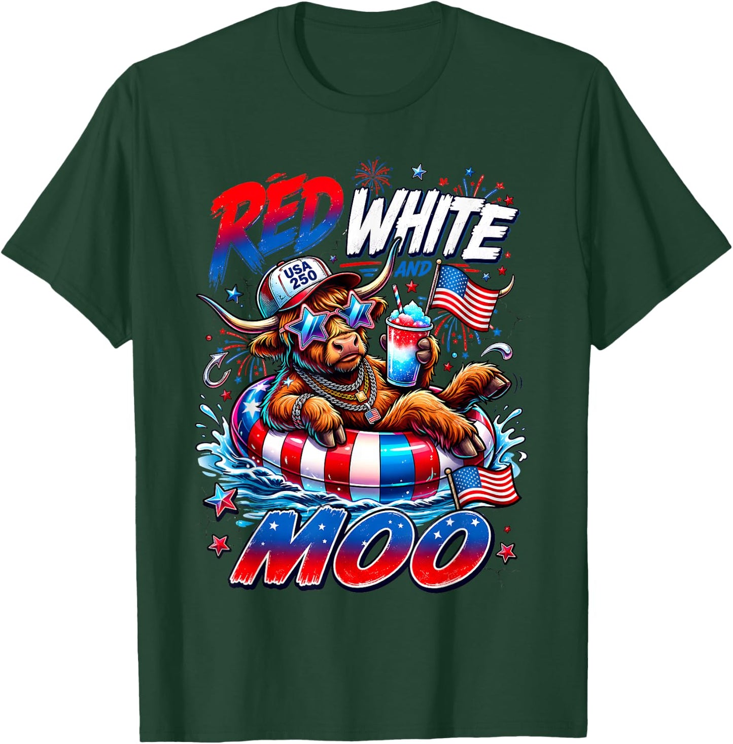 Red White and Moo Highland Cow 4th July 250 Years Patriotic T-Shirt - T-Shirt | Forest