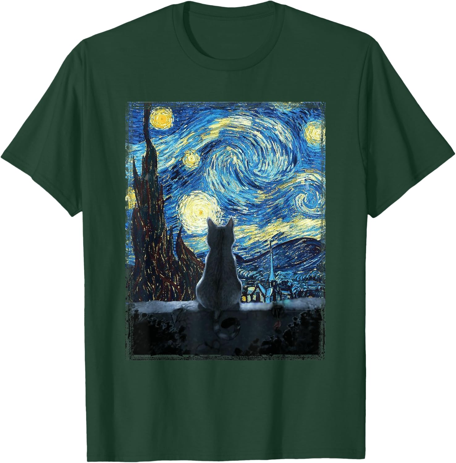 Starry Night Cat, Van Gogh Cat, Starry Night Cat Funny , black T-Shirt - T-Shirt | Forest