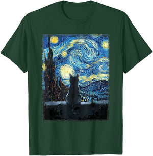 Starry Night Cat, Van Gogh Cat, Starry Night Cat Funny , black T-Shirt - T-Shirt | Forest