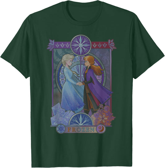 Disney Frozen 2 Anna & Elsa Stained Glass Portrait T-Shirt - T-Shirt | Forest