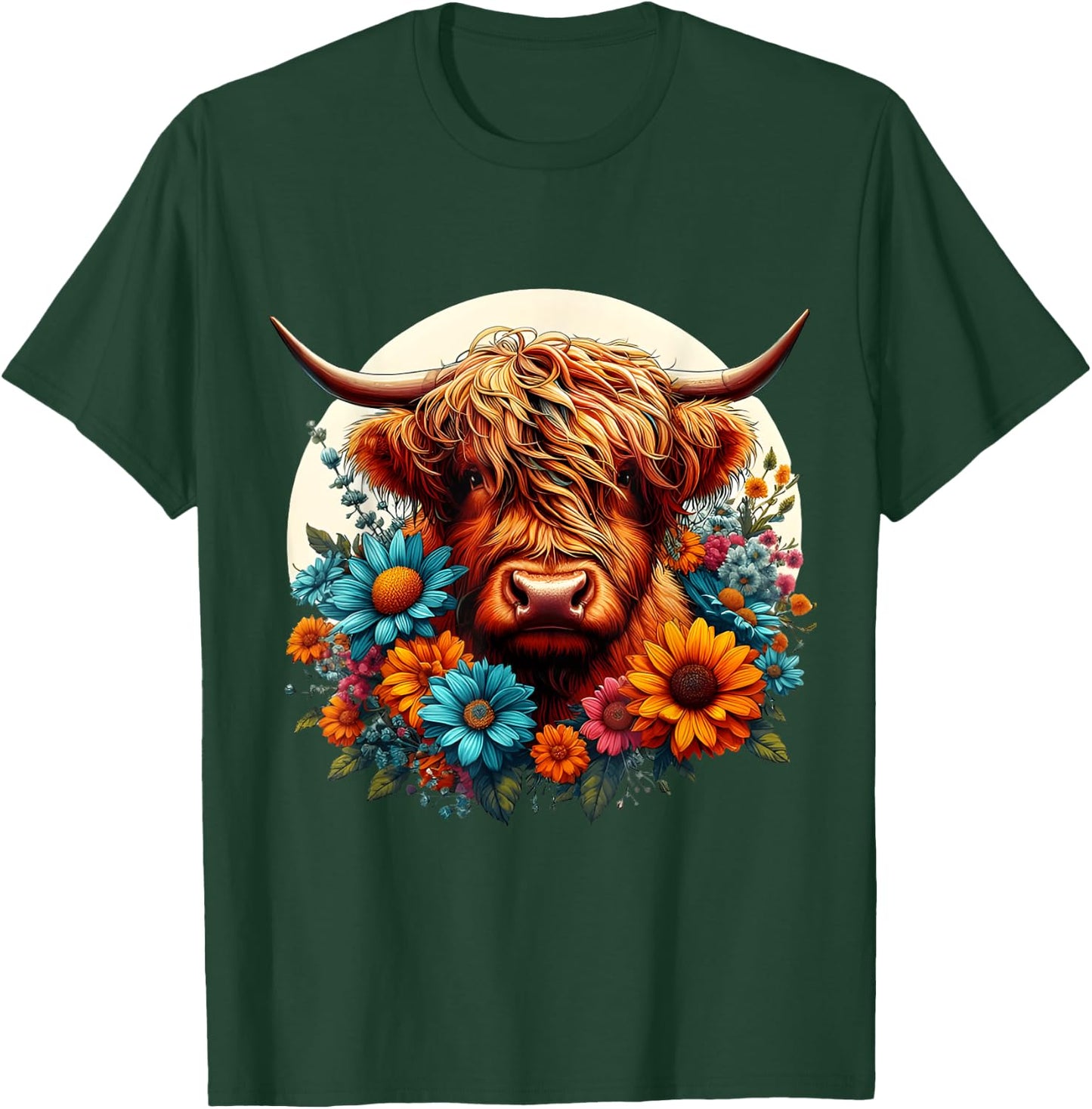 Scottish Cute Highland Cow Cattle Hairy Cow Flowers Colorful T-Shirt - T-Shirt | Forest