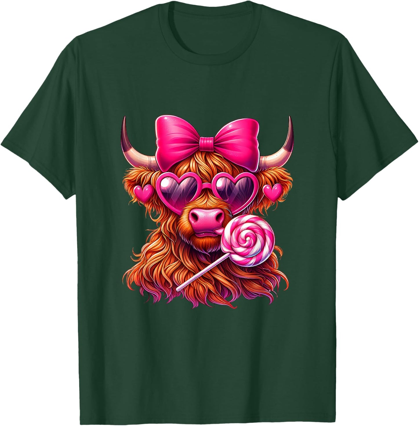 Valentines Highland Cow coquette bow Heart Glasses Lollipop T-Shirt - T-Shirt | Forest