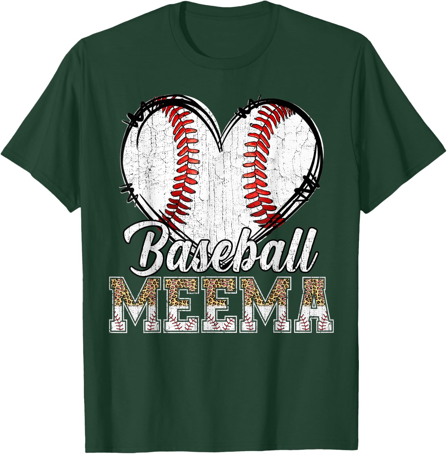 Softball Baseball Meema Heart Leopard Print Mother's Day T-Shirt - T-Shirt | Forest