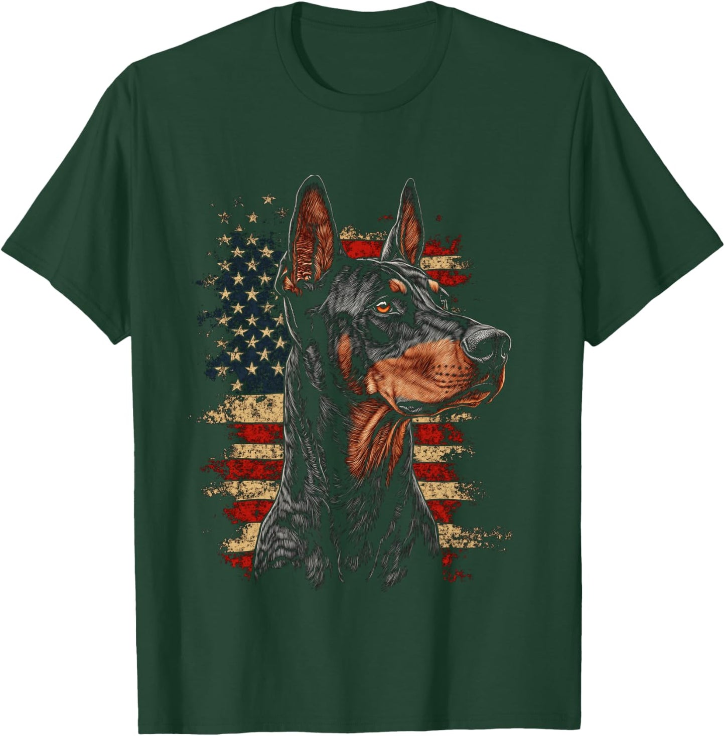 Doberman USA Flag Patriotic Dog Art T-Shirt - T-Shirt | Forest