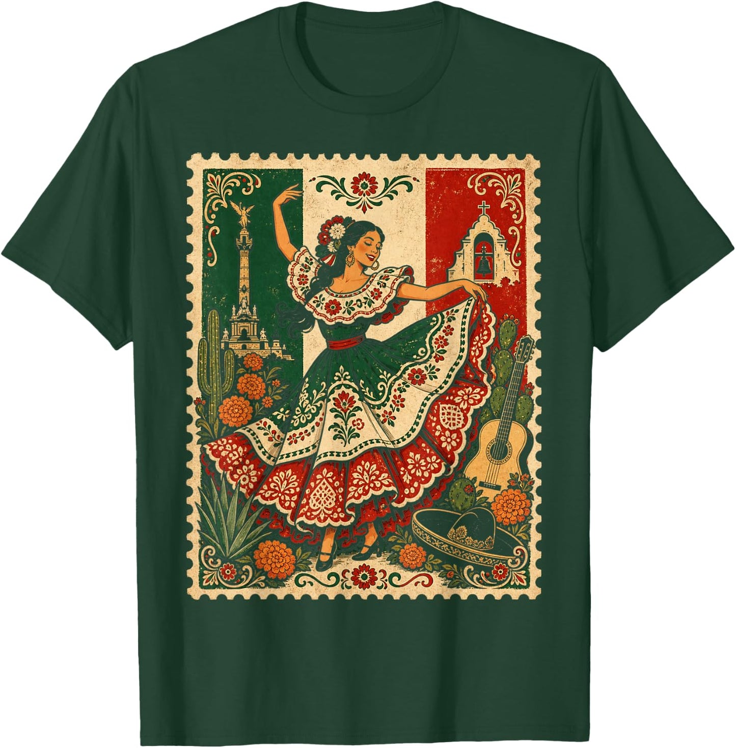 Mexican Folk Dance Baile Folklorico Vintage Stamp Art T-Shirt - T-Shirt | Forest