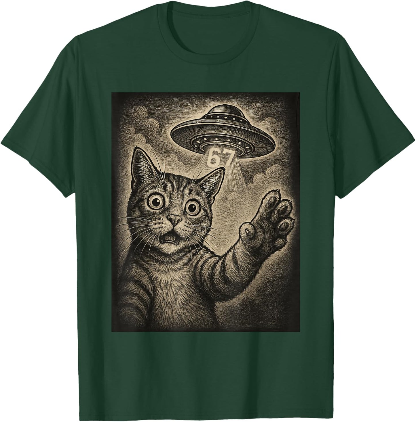 Cat Selfie 67 Meme Six Seven Funny UFO T-Shirt - T-Shirt | Forest