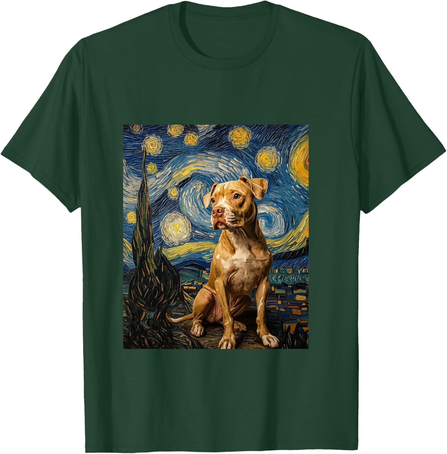 Pitbull Dog Pittie Van Gogh Style Starry Night Graphic T-Shirt - T-Shirt | Forest