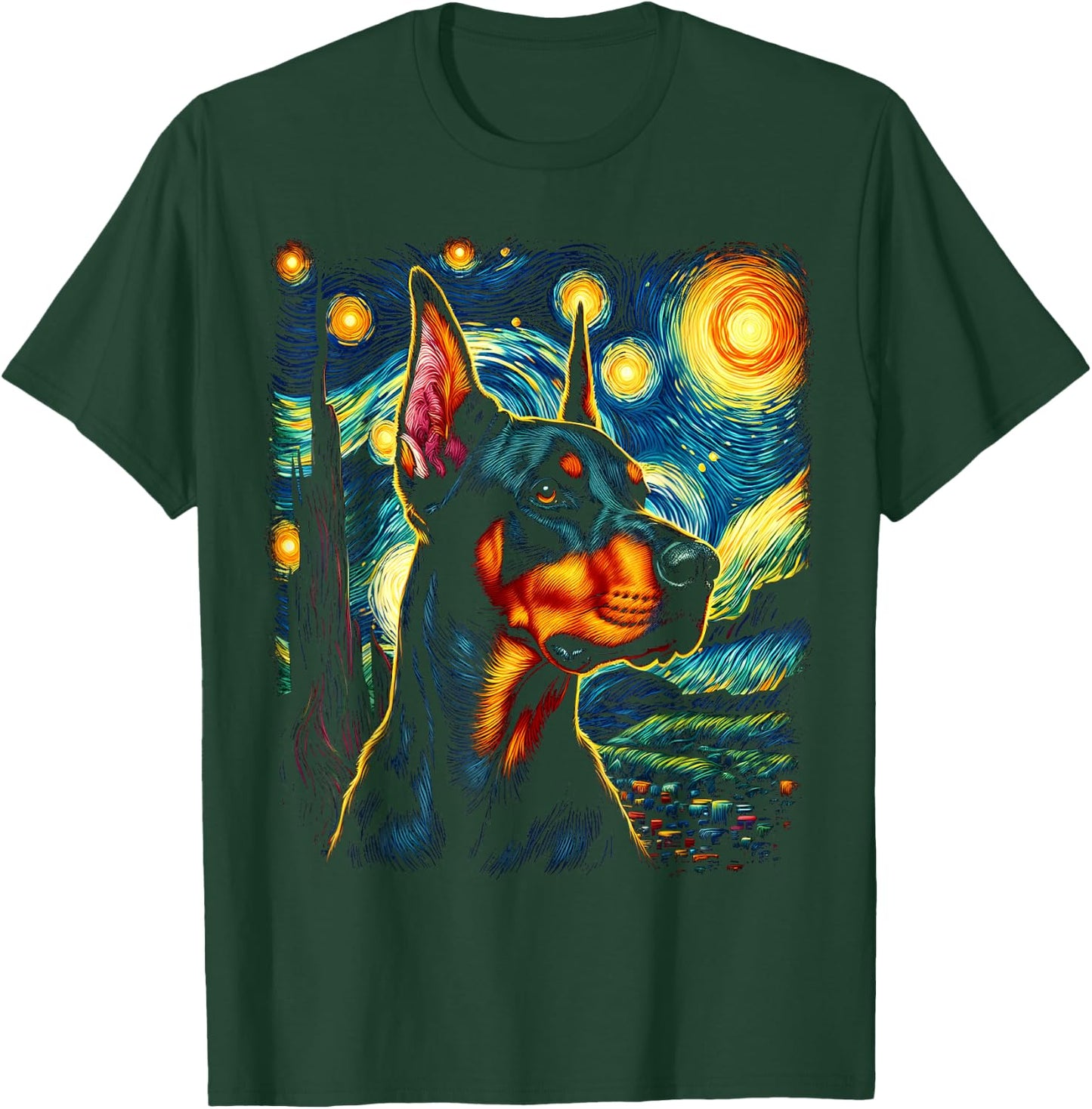 Doberman Pinscher Starry Night Van Gogh Inspired Art T-Shirt - T-Shirt | Forest
